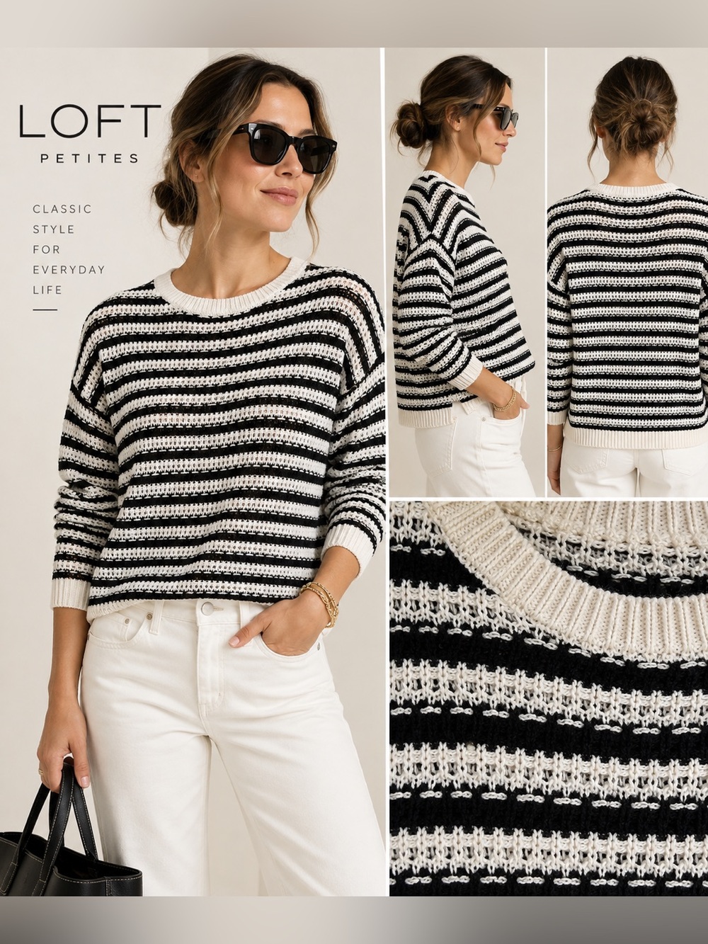 LOFT Petites MP Black Cream Striped 100% Cotton Open Knit Sweater